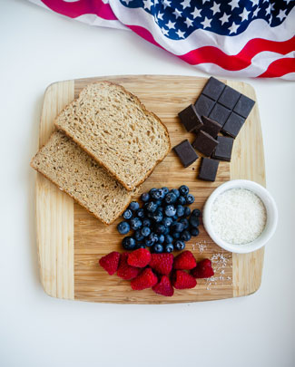 American Flag Chocolate Berry Toast ingredients on a cutting board