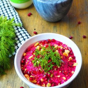 Walnut Beet Salad in a white bowl