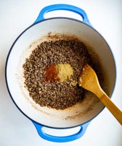 Browned Meat and Spices in Dutch Oven