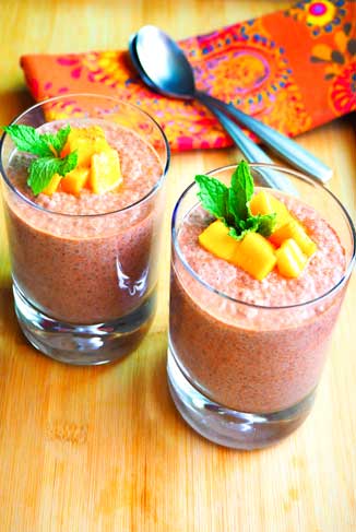 Mango Chocolate Chia Pudding in two glasses