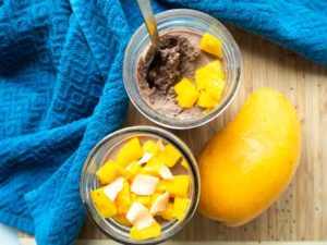 Vegan Mango Chocolate Chia Pudding in mason jars